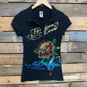 ED HARDY CHRISTIAN AUDIGIER Y2K polo black tshirt tee XS S rose flower love sexy